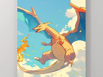 Vibrant Animal Painting of Flying Dragon with Flames in Blue Sky and White Clouds 3d model