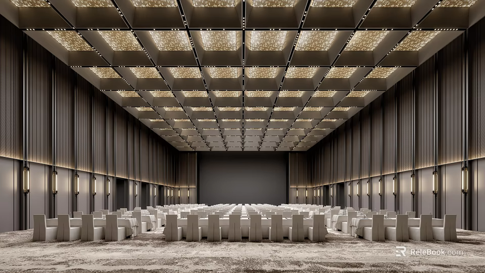 Luxurious Modern Conference Room With Square Ceiling Lights Dark Panel Walls And Arranged White Seating 3d model 