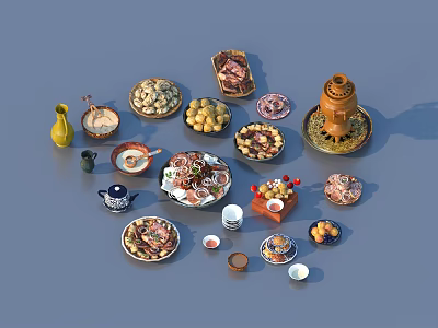 Different Foods Including Fruits Snacks And Meat On Plates Bowls With Teapot And Clay Pot 3d model