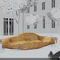Curved Wooden Landscape Seat With Wave Design In Outdoor Area Near White Building And Trees