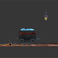 Mine Cart With Blue Ores On Railroad Tracks Near Lantern Hard Hat And Axe