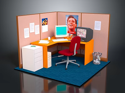 Office Cubicle Furniture Setup With Wooden Desk Red Chair And Filing Cabinet 3d model