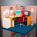 Office Cubicle Furniture Setup With Wooden Desk Red Chair And Filing Cabinet