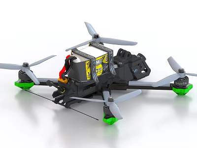 High Performance Black Drone With Four Propellers Green Landing Gear And Battery Compartment 3d model