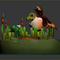 Winged Green Frog Game Character on Circular Base with Lily Pad Patterns and Red Reeds