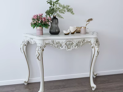 Elegant White Carved Console Table With Decorative Vases Flower Bouquets And Details 3d model