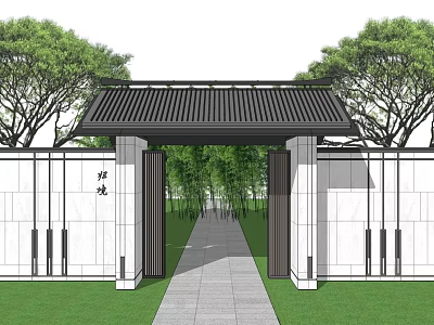 Chinese Style Entrance Gate With Traditional Roof White Walls Bamboo Grove And Stone Path 3d model