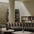 Modern Living and Dining Room Interior With Leather Sofa Coffee Table Stone Wall And Bookshelves