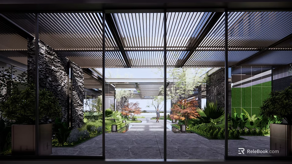 Modern Commercial Landscape Design With Glass Doors Louvered Roof Courtyard Stone Pathway And Lush Greenery 3d model 