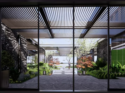 Modern Commercial Landscape Design With Glass Doors Louvered Roof Courtyard Stone Pathway And Lush Greenery 3d model