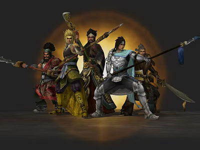 Game Movie Characters In Ancient Warrior Attire With Various Weapons And Dynamic Group Stance 3d model