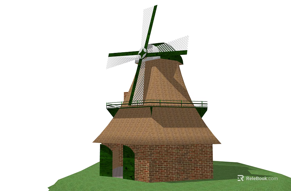 Classic Windmill Architectural Components With Wooden Blades Brick Tower And Conical Roof 3d model 