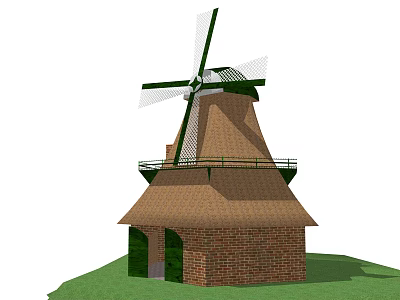 Classic Windmill Architectural Components With Wooden Blades Brick Tower And Conical Roof 3d model