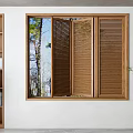 Wooden Window Blinds In Modern Interior With Bookshelf Plants And Trees Outside