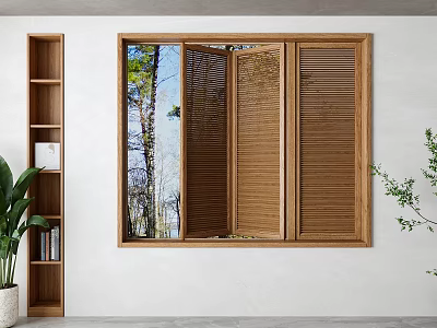 Wooden Window Blinds In Modern Interior With Bookshelf Plants And Trees Outside 3d model