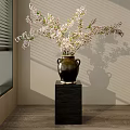 Pink Blossom Branches In Dark Brown Two Handle Vase On Black Pedestal With Window Shadows