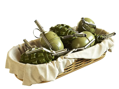 Green Military Weapons Including Grenades In Wicker Basket With Metal Parts 3d model