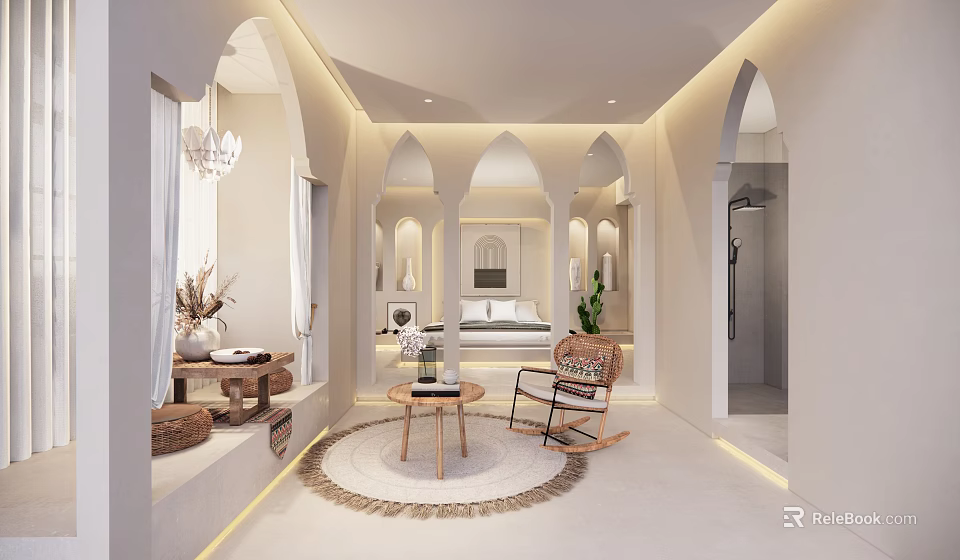 Hotel Guest Room Interior With Arched Architectural Details Neutral Tones Rocking Chair And Natural Light 3d model 
