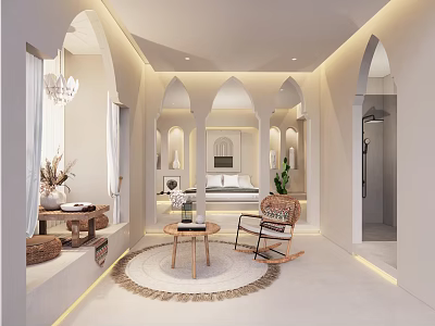 Hotel Guest Room Interior With Arched Architectural Details Neutral Tones Rocking Chair And Natural Light 3d model