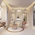 Hotel Guest Room Interior With Arched Architectural Details Neutral Tones Rocking Chair And Natural Light