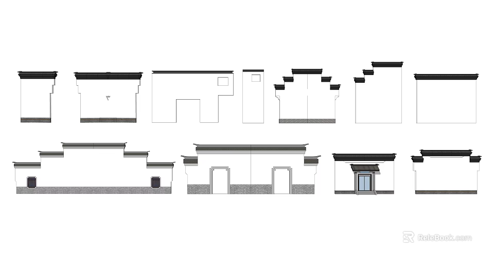 Traditional Building Exterior Wall Designs With Classic Eaves And Diverse Doorway Structures 3d model 