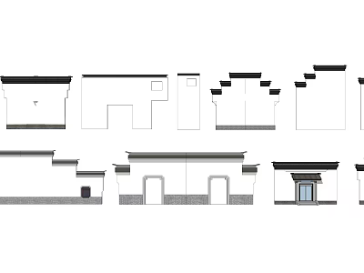 Traditional Building Exterior Wall Designs With Classic Eaves And Diverse Doorway Structures 3d model