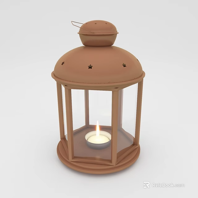 Brown Hexagonal Candle Lantern with Glass Shade and Lit Candle Inside 3d model 