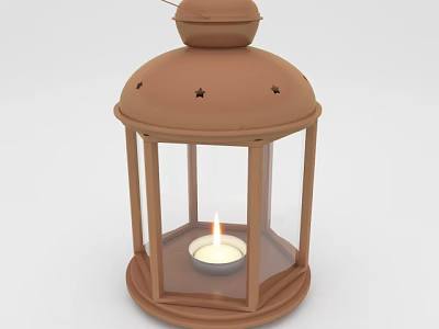 Brown Hexagonal Candle Lantern with Glass Shade and Lit Candle Inside 3d model