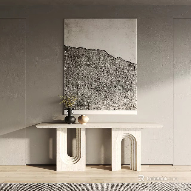 Minimalist Interior Gray Wall Large Black White Abstract Painting White Console Table Decorative Items 3d model