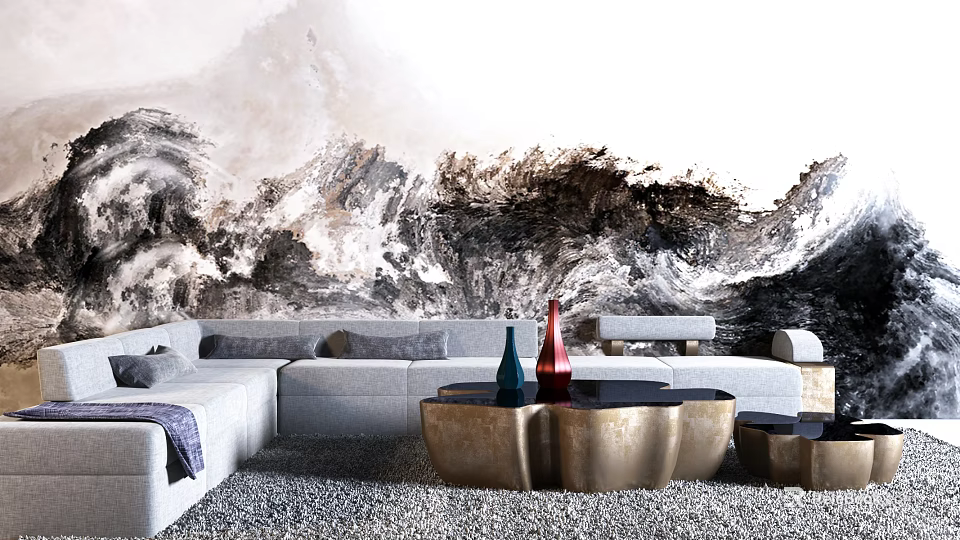 Modern Gray Sectional Sofa With Ink Mountain Landscape Wall Brass Coffee Table And Colorful Vases 3d model 