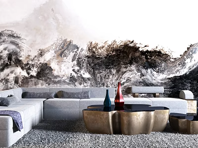 Modern Gray Sectional Sofa With Ink Mountain Landscape Wall Brass Coffee Table And Colorful Vases 3d model
