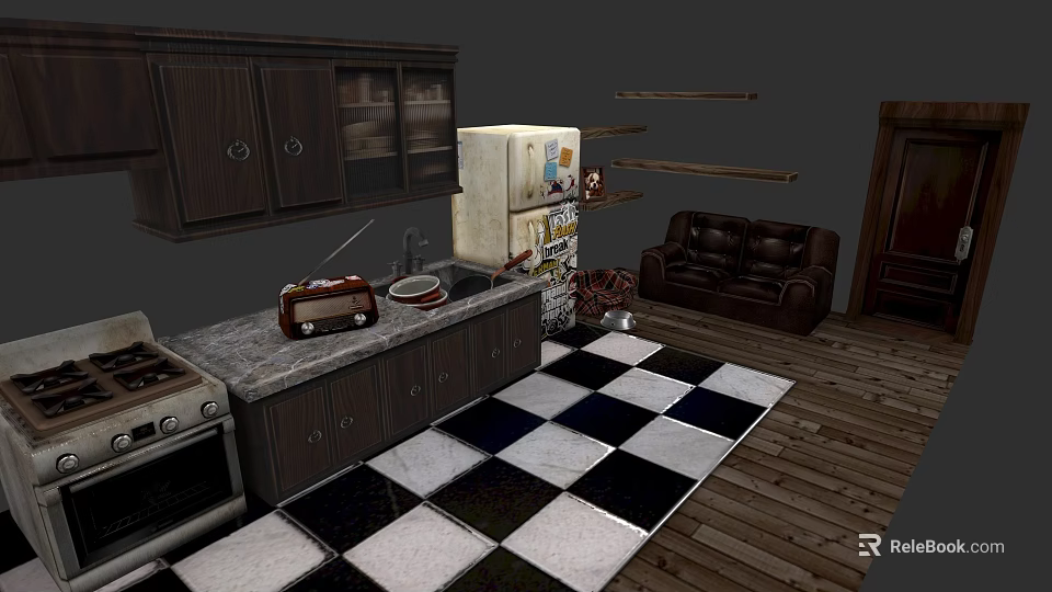 Detached House Interior Featuring Retro Kitchen Cabinets Refrigerator Radio And Brown Leather Sofa 3d model 