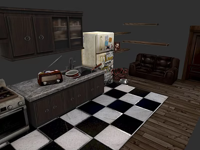 Detached House Interior Featuring Retro Kitchen Cabinets Refrigerator Radio And Brown Leather Sofa 3d model