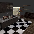Detached House Interior Featuring Retro Kitchen Cabinets Refrigerator Radio And Brown Leather Sofa