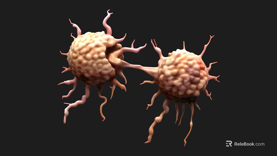 Two Microorganism Cell Structures With Long Protrusions And Textured Surfaces On Black Background 3d model 