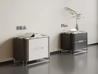 Modern Bedside Tables With Marble Top Drawers Plant And Lamp Decor 3d model