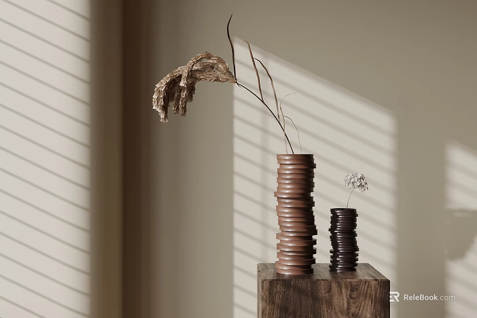 Brown And Black Spiral Vases With Dried Plants On Wooden Stand And Window Blind Shadows 3d model 