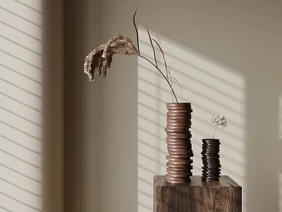Brown And Black Spiral Vases With Dried Plants On Wooden Stand And Window Blind Shadows 3d model
