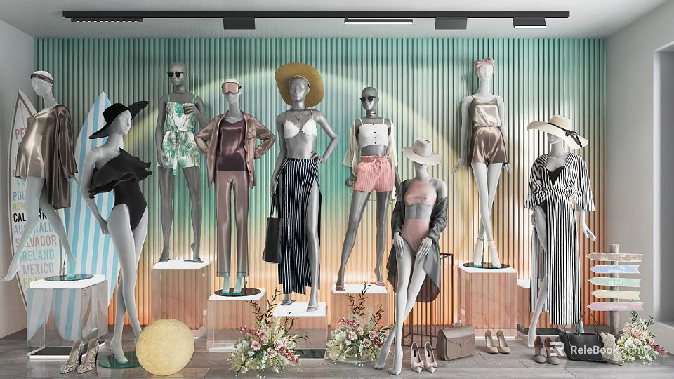 Fashion Mannequins Showcasing Trendy Outfits With Hats Floral Decor And Striped Backdrop 3d model 