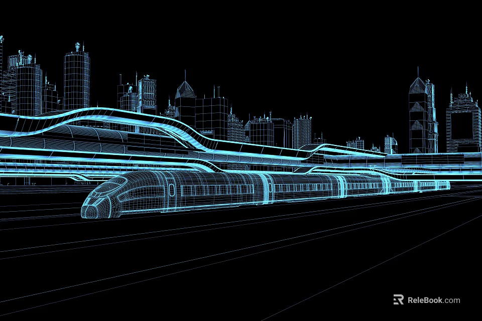 Cartoon Scene with Blue Wireframe City Buildings and High Speed Train on Black Background 3d model 