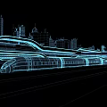 Cartoon Scene with Blue Wireframe City Buildings and High Speed Train on Black Background