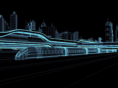 Cartoon Scene with Blue Wireframe City Buildings and High Speed Train on Black Background 3d model