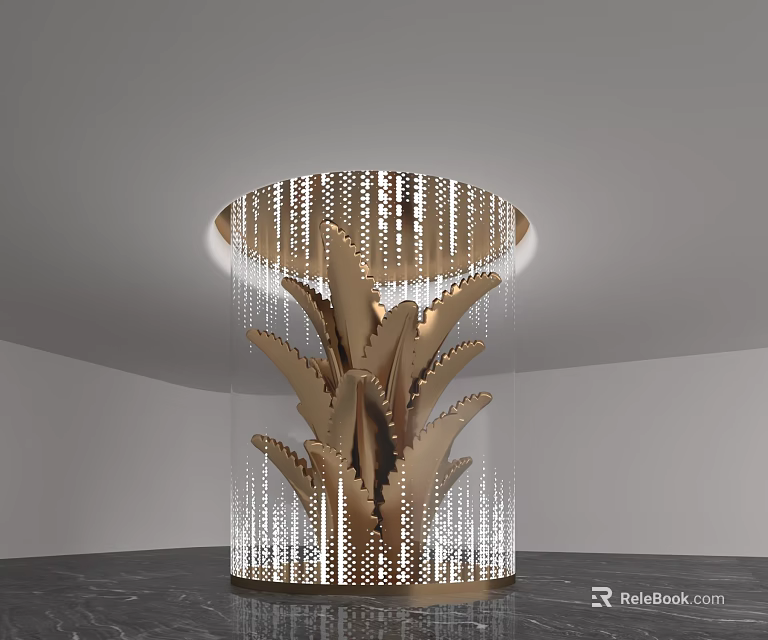 Golden Decorative Column With Intricate Leaf Design And Hanging Crystal Beads In Modern Interior 3d model 