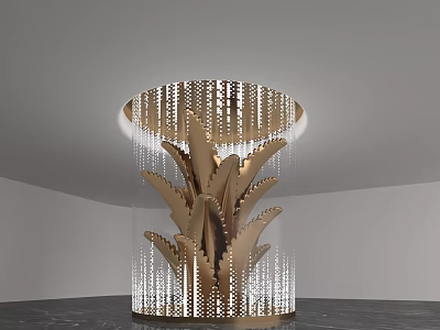 Golden Decorative Column With Intricate Leaf Design And Hanging Crystal Beads In Modern Interior 3d model
