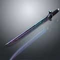 Shiny Metallic Sword With Rainbow Colored Blade And Black Handle On Reflective Surface