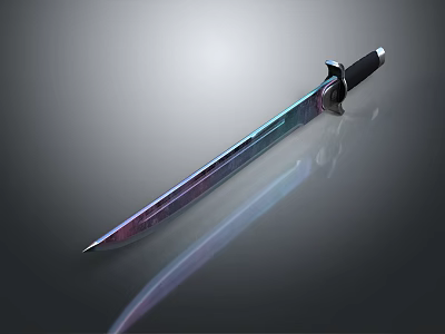 Shiny Metallic Sword With Rainbow Colored Blade And Black Handle On Reflective Surface 3d model