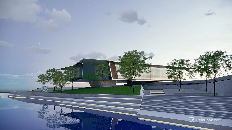 Modern Sales Office Building Exterior With Waterfront Lawn Trees And Steps 3d model 
