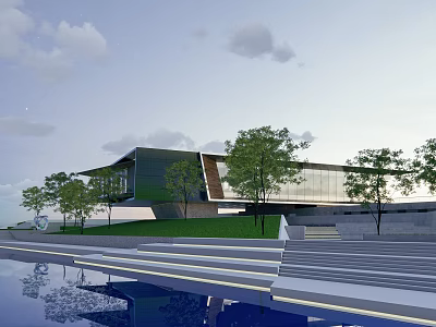 Modern Sales Office Building Exterior With Waterfront Lawn Trees And Steps 3d model