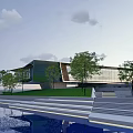 Modern Sales Office Building Exterior With Waterfront Lawn Trees And Steps