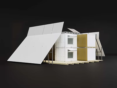 Two Story Container Building With Sloped White Roof Yellow Panels And Solar Panels 3d model